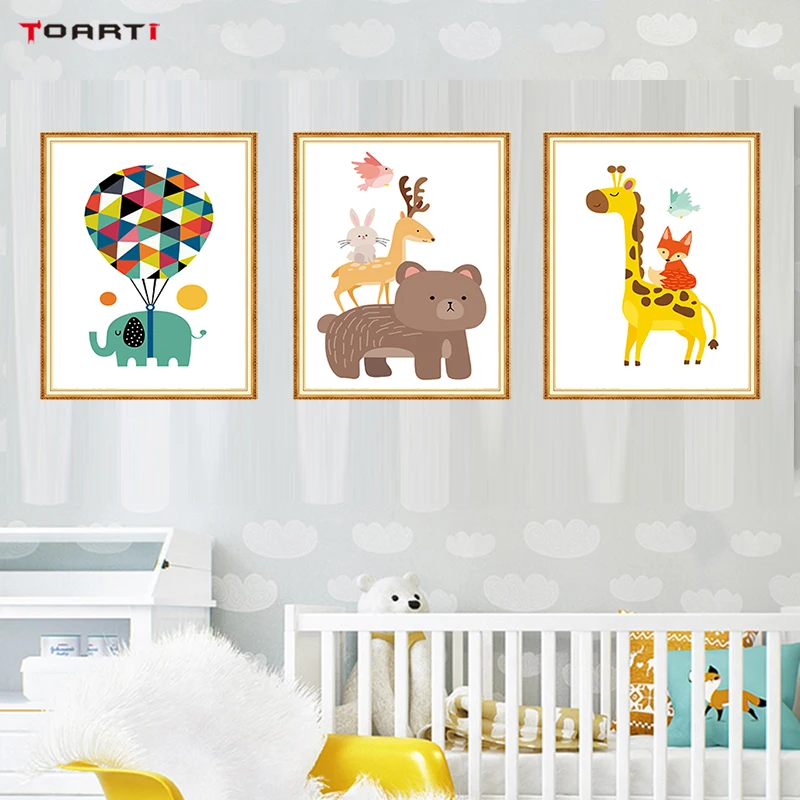 Мультфильм цветные Животные Печать плакаты медведь Жираф картина тигр на холсте