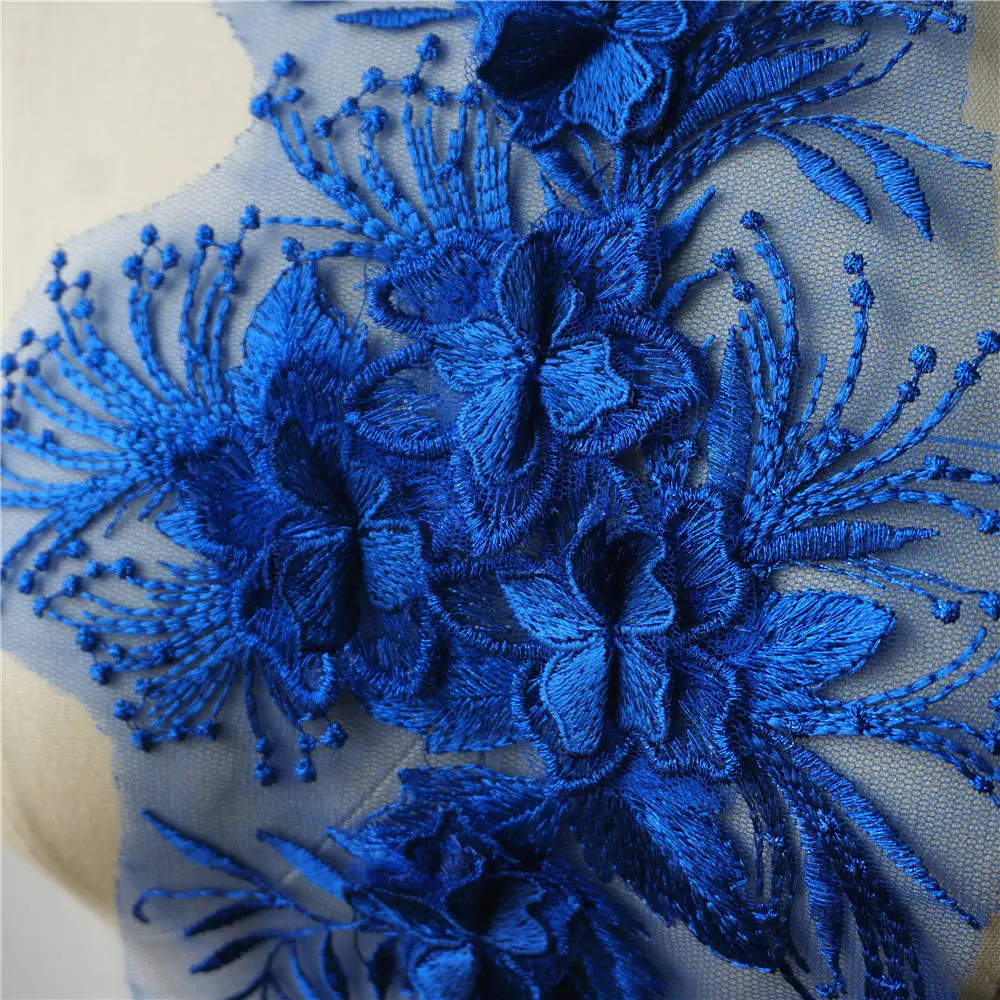 Ярко голубая кружевная ткань 3D Цветочная кисточка вышитый воротник сетчатая