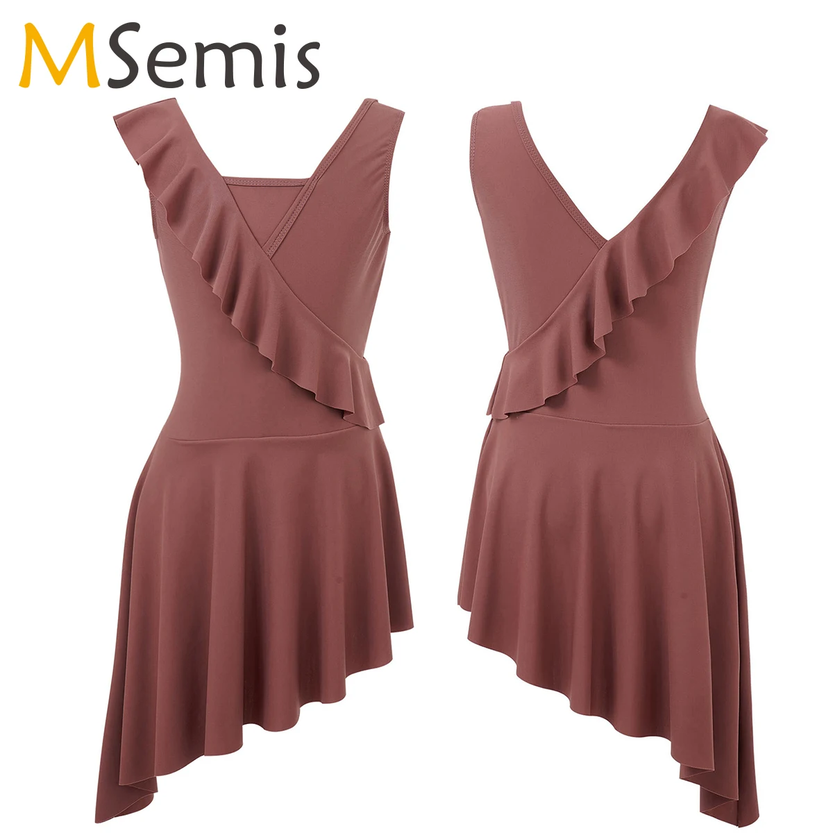 

Kids Girls Sleeveless Ruffle Asymmetrical Gymnastics Leotard Open Back Latin Figure Skating Ballet Dress Performance Dancewear