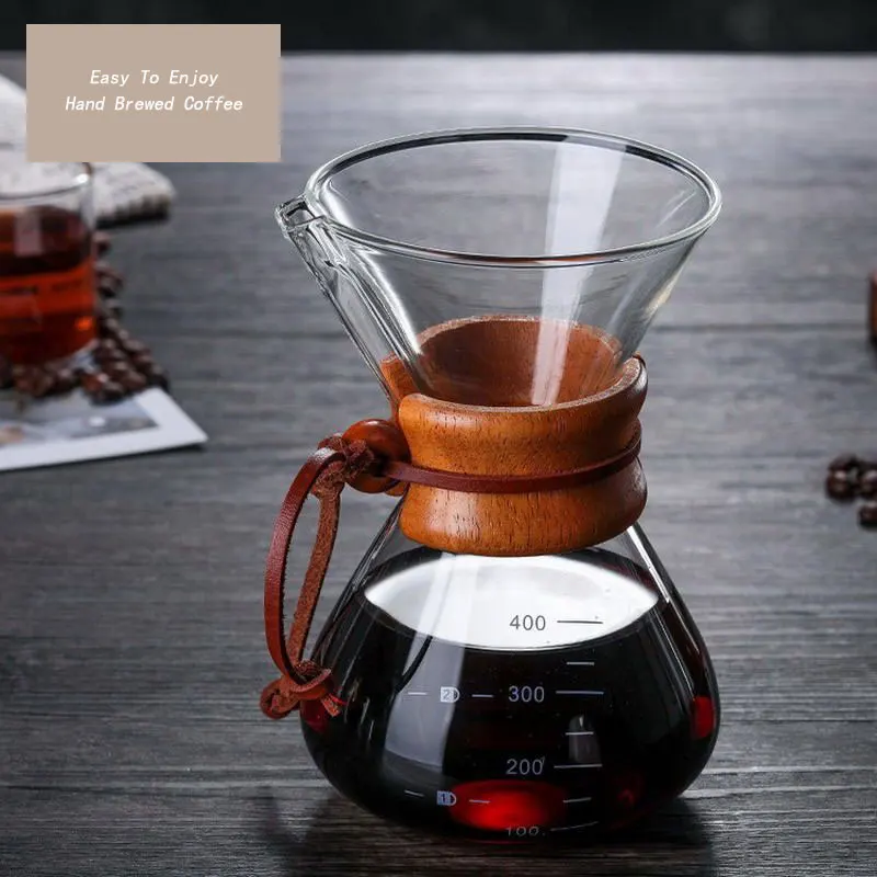 Термостойкий стеклянный кофейник с деревянной ручкой фильтром из нержавеющей