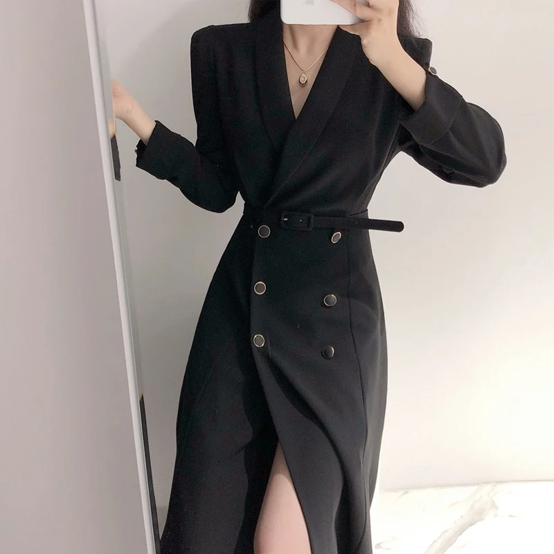 

New Elegant Suit Dress For Women 2021 Spring Autumn Office Lady Double-breasted Long Dresses