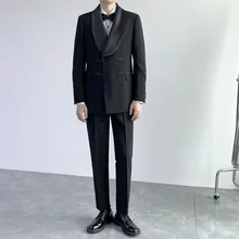 Costume 2 pièces noir pour hommes, avec boucle de styliste, Slim Fit, Blazer sur mesure, à la mode, fête de bal, ensemble décontracté  (2)