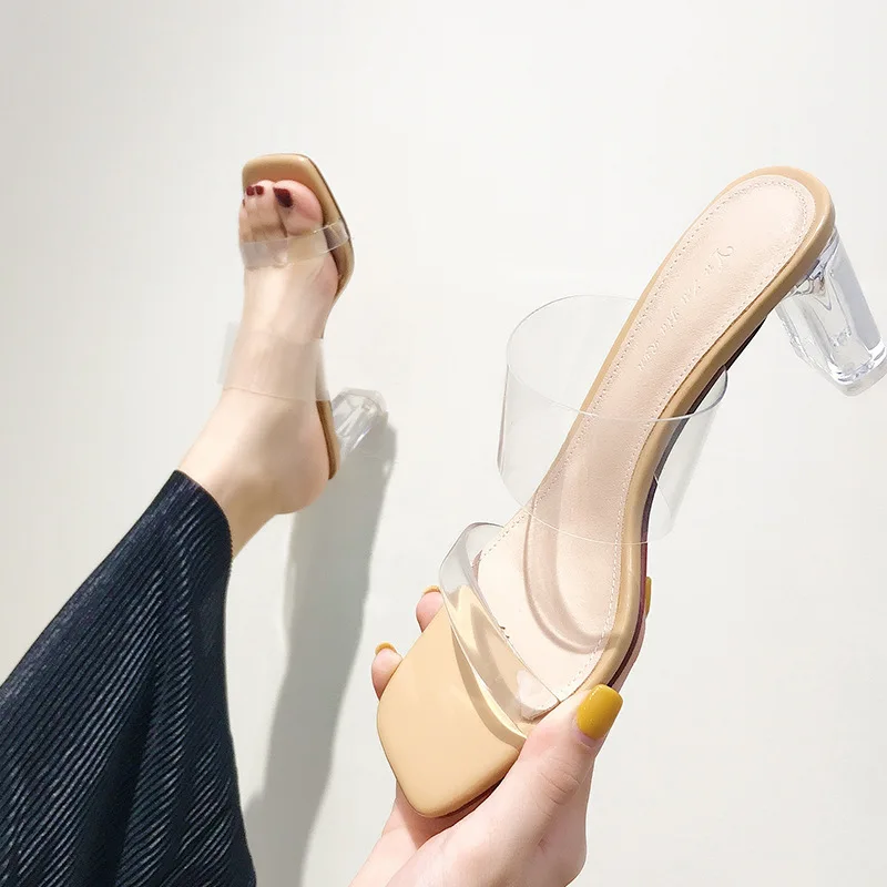 

Сандалии на высоком каблуке Женская летняя одежда 2021 новый стиль на толстом каблуке прозрачные тапочки с кристаллами женская обувь