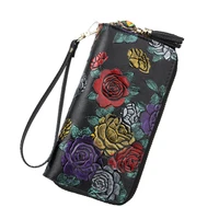 floral women wallets genuine leather female purse luxury brand long womens wallets and purses double zipper ladies wallet clutch