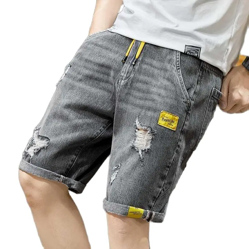 

Summer Thin 2021 Drawstring Mens Streetwear Fashion Denim Shorts Men's Casual Elastic Waist Ripped Hole Korean Short Jeans Pants