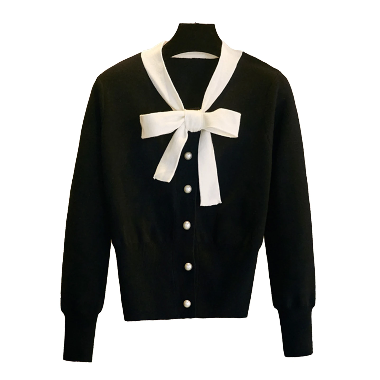 

Autumn Women Long Sleeve Neck Tie Bowknot Knit Blouse Buttons Sweater Pullover