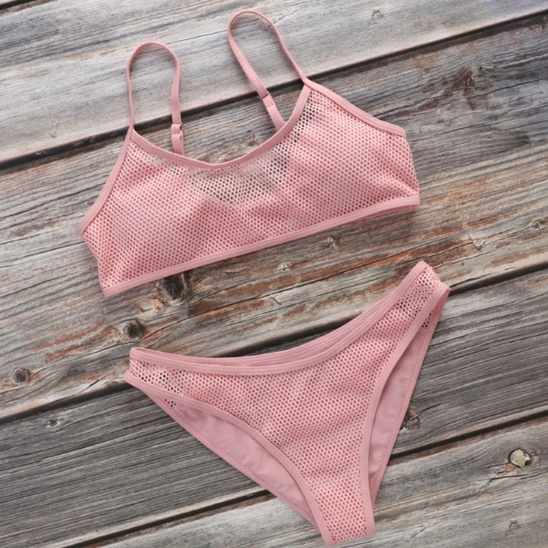 

2021 Low Waist Mesh Bikini Women Swimsuit Push Up Swimwear Solid Bikini Set Brazilian Bathing Suit Swimming Beachwear Female