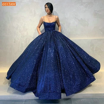 Thời Trang Xanh Dương Dài Váy Đầm Dạ 2022 Phồng Mì Ý Dây Đeo Túi Áo Dây De Soirée Tiếng Ả Rập Dubai Nữ Dự Tiệc Trang Trọng Đầm