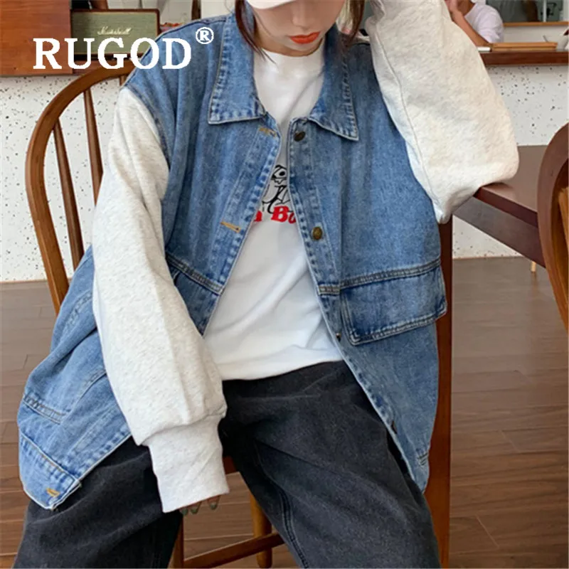 Женская джинсовая куртка RUGOD Повседневная Свободная Толстовка с имитацией
