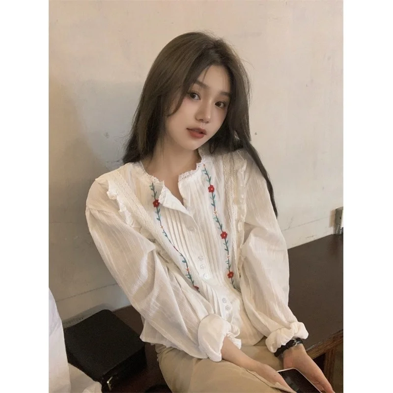 

Рубашка с вышивкой и длинными рукавами Женская Осенняя свободная универсальная стройнящая рубашка в французском нежном гонконгском стиле