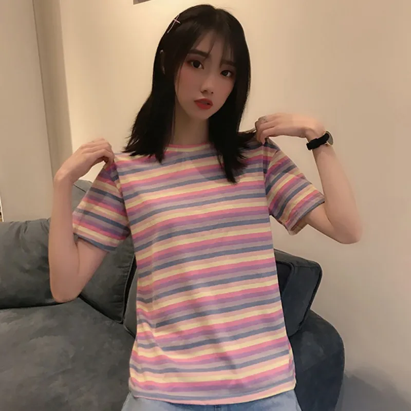 Футболка женская в радужную полоску модный топ хлопковая Базовая Свободная