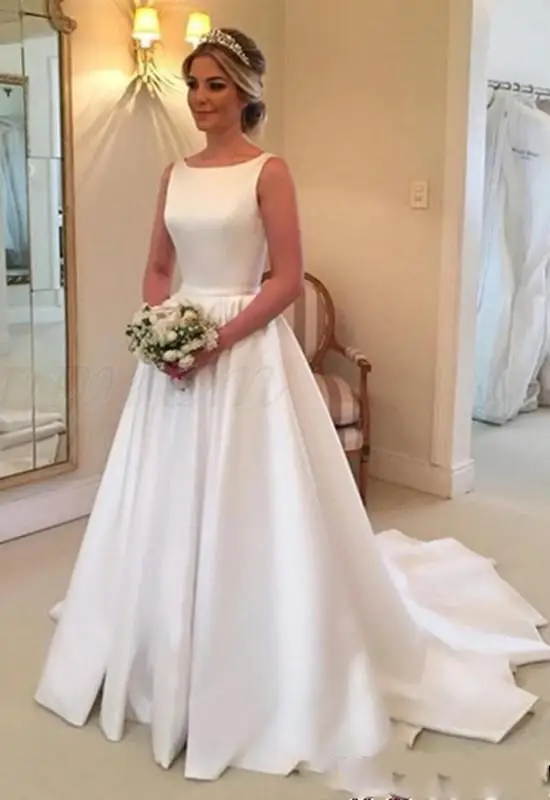 High Quality Scoop Neck A-line Satin Wedding Dresses Backless Chapel Train Bridal Gowns robe de mariee | Свадьбы и торжества