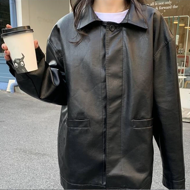 

Casual Black Leather Jacket Women Korean Thin Loose Moto Jacket Female 2021 Spring Fashion Streetwear Lady Outerwear Biker Coats
