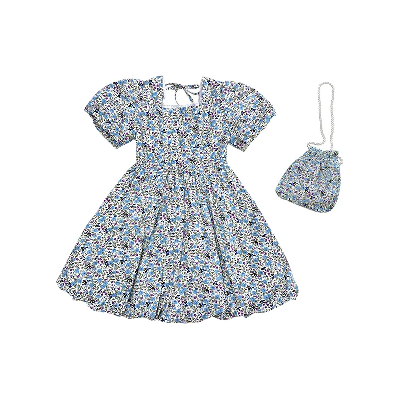 

Girls Floral Dress 2021 Summer New Girl Puff Sleeve Square Neck Princess Dress Free Bag