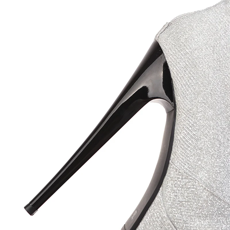 Ботильоны женские на платформе с блестками высоком каблуке 16 см серебристые