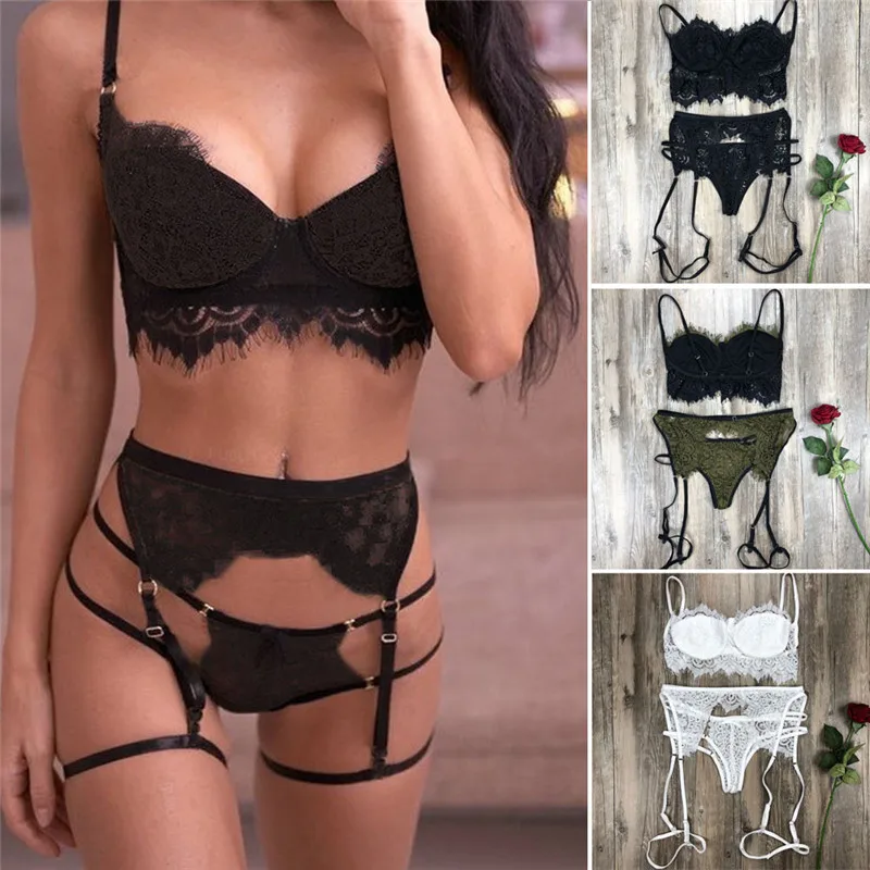 

2020 Valentine's Day 3PCS Women Sexy Lace Exotic Lingerie Set G-String Underwear Babydoll Open Bra Set See-through Nightwear Set