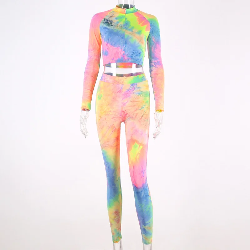 

Cutubly New Tie Dye Print Casual Two Piece Sets for Women Streetwear Two Piece Set Long Sleeve Zipper Crop Top Tracksuit 2020