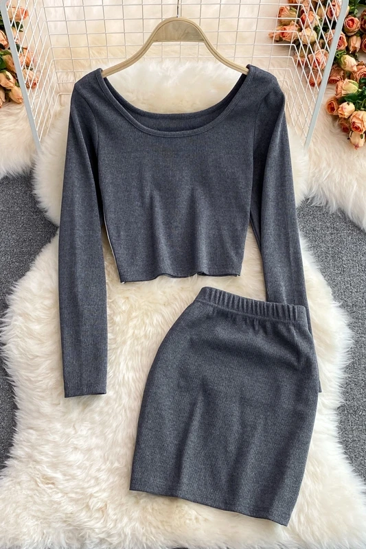 

2021 New Spring Autumn Fashion O-neck long sleeve short T-Shirt Top + elastic waist high waist short solid Skirt two piece set