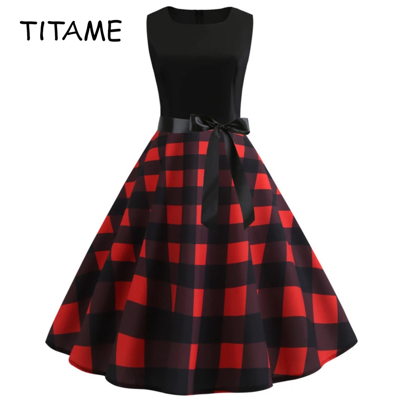 TITAME Women Vintage Dress Sleeveless Valentine Big Swing Elegant Print Party Dresses Robe Plus Size | Женская одежда