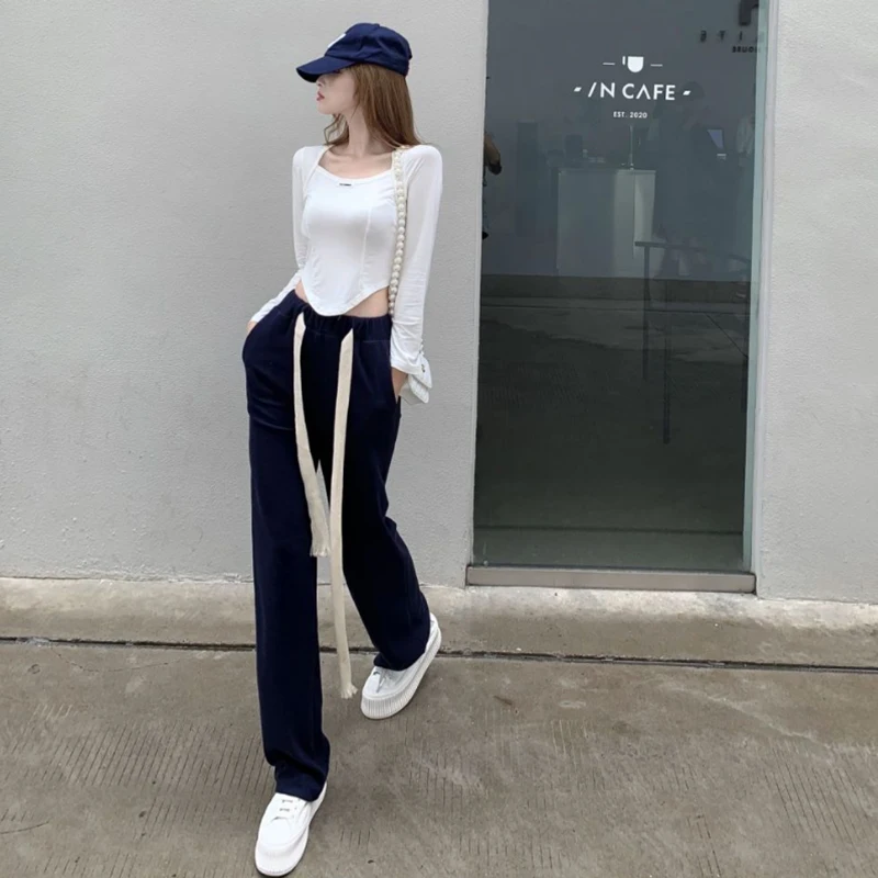 

VANOVICH 2022 Autumn New Square Collar Irregular Slim T-shirts Black Elastic High Waist Korean Style Wide Leg Pants Women's Set