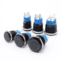 Черный кнопочный переключатель, светодиодный светильник 16/19/22 мм, водонепроницаемый, с подсветкой, металлическая, плоская фиксация, мгновенного действия, с индикатором питания 5 В, 12 В, 220 В