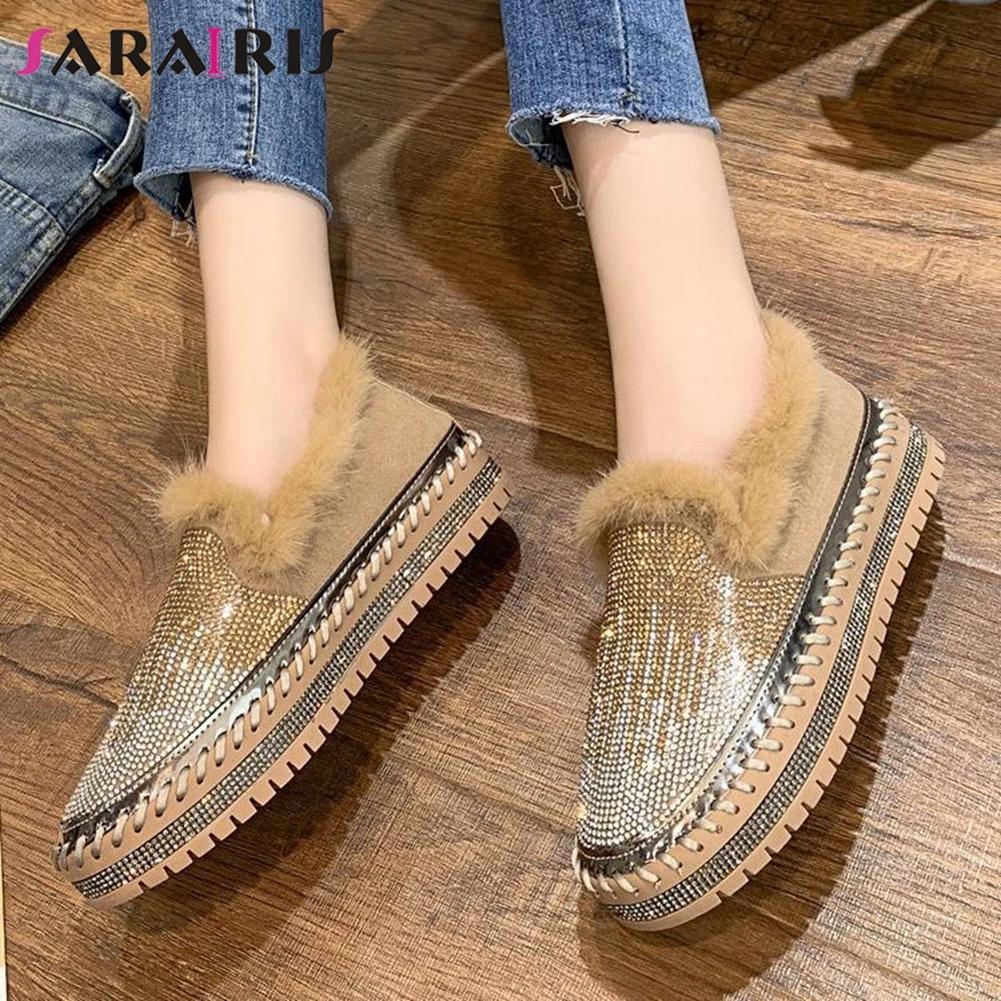 

SARAIRIS Brand New Female Crystal Casual Flats Shallow Flats Women Autumn Round Toe Flat Platform Slip On Plush Shoes Woman