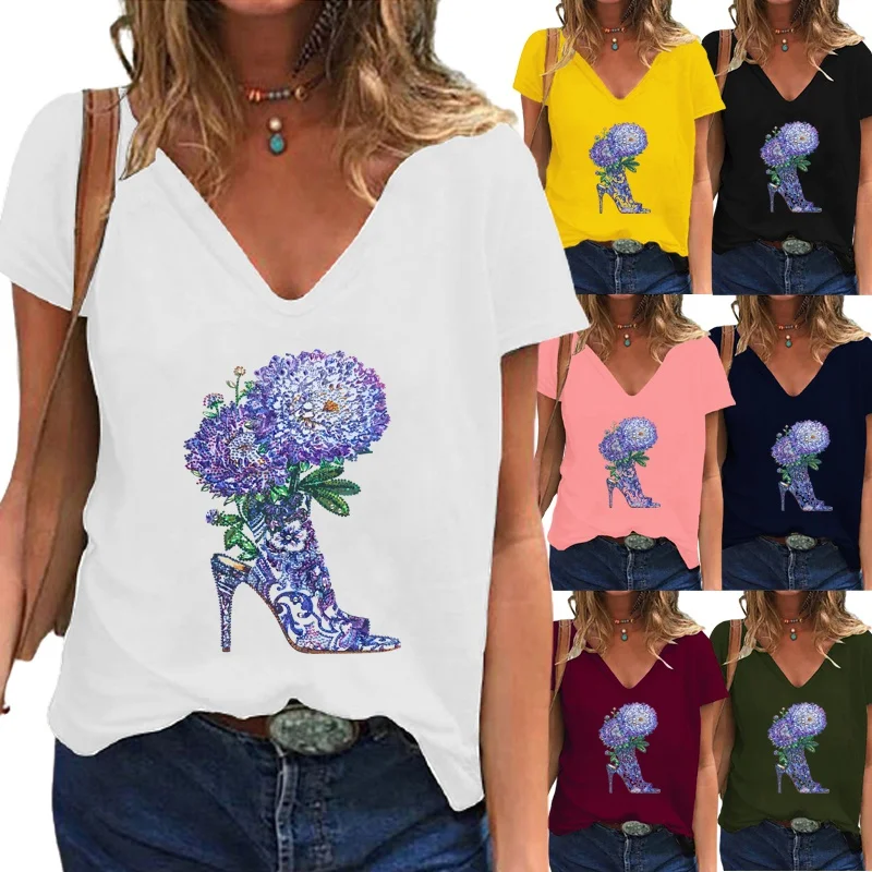 

Summer Fashion Women's Clothing Floral Printed Casual V-neck T-shirt Elegant Short Sleeve Solid Color Plus Size Blouse