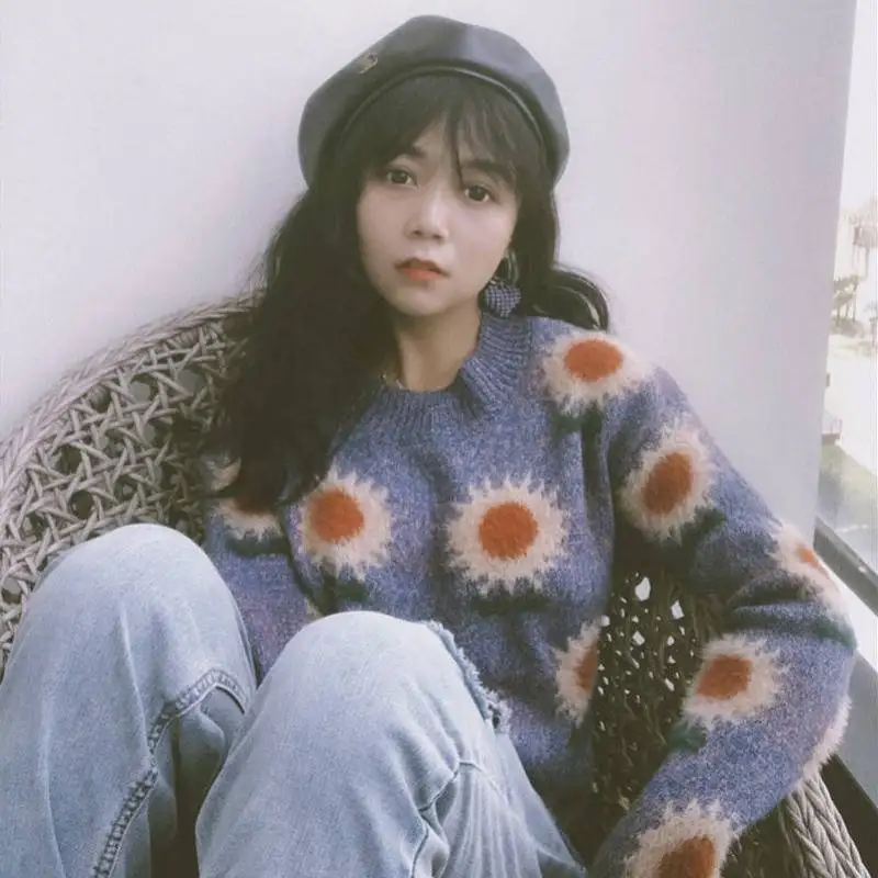 

Korean Purple Sweater O-Neck Pullover Long Sleeved Sweater Loose Casual Winter Clothes Women Cute Cashmere Sweater