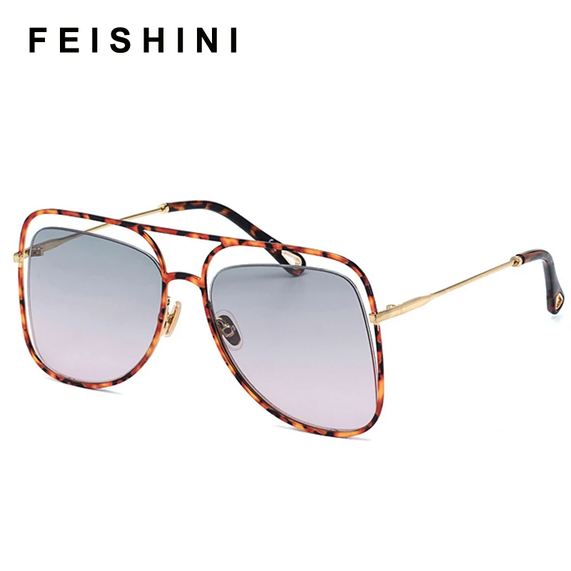 

FEISHINI Trendy Shield Hollow Metal Sunglasses Mirror Brand Designer Black Sunglasses Women Big Shades Fashion Eyewear Oversized