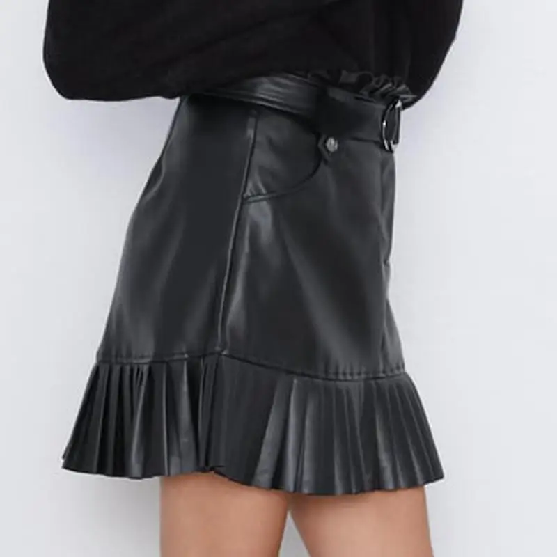 Женская юбка с поясом выше колена мини женская из искусственной кожи карманами и эластичной резинкой на