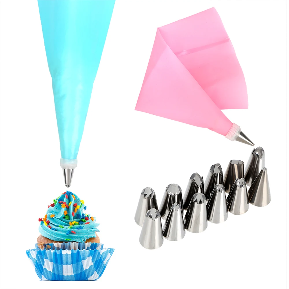 

Nozzle Sets 14pcs/set Icing Piping Cream Pastry Bag DIY Cake Decorating Tool Reusable Silicone Pastry Tips Converter