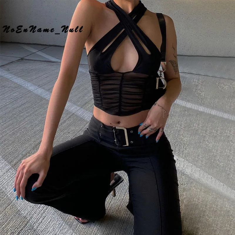 

Summer Backless Irregular Crossover Tie Up Zipper Crop Tops Y2k Women 2021 Chic Cut Hole Stitching Halter Camisole Streetwear