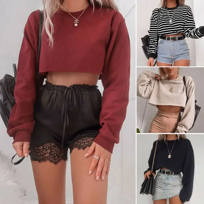 Autumn Spring Women Casual O-Neck Long Sleeve Striple Soft Cotton Loose Crop Top Short Shirts Pullover Sweatshirts