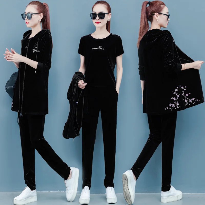 

Spring Clothes Three Piece Set Hoodie Jacket T-shirt and Pants Velour Tracksuit Women Sets Leisure 3 Pieces Velvet Women Outfits