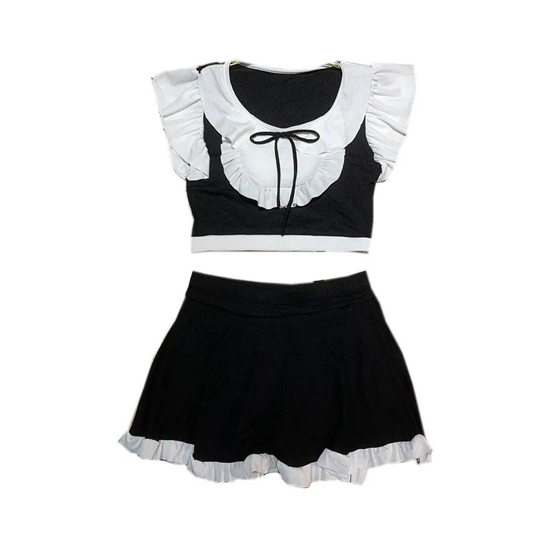 

Summer Sexy Maid Women's Crop Top and Short Skirt Shirt Blouse Casual Slim Tanks Kawaii Bow Female Mini Dress Party Birthday