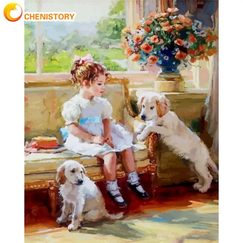 

CHENISTORY 60x75cm Frame Painting By Number For Adult Girl And Dog Acrylic Paint On Canvas Coloring By Numbers For Home Decors