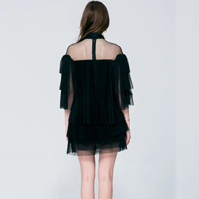 

SeeBeautiful Loose Dress Stand Collar Three Quarter Sleeve Stitching Ruffles Back Zipper Woman Summer 2021 New Fashion E649