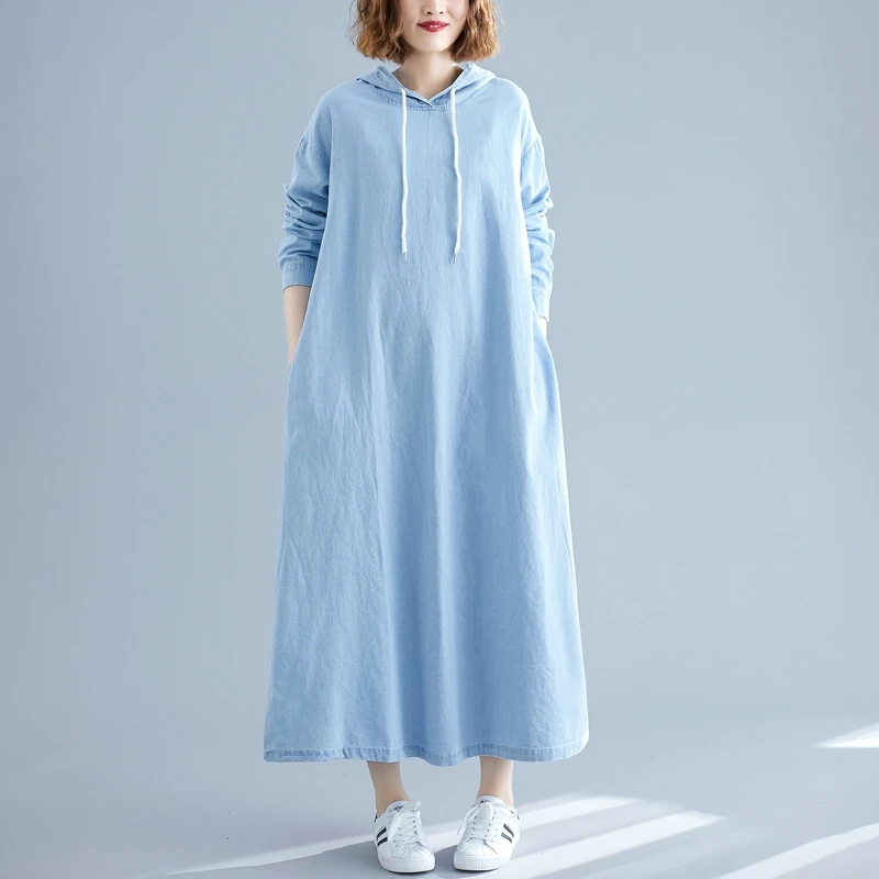 Женское тонкое джинсовое платье с капюшоном размера плюс винтажное осеннее