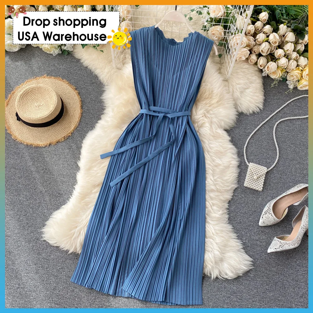 Женское плиссированное платье с поясом элегантное однотонное винтажное