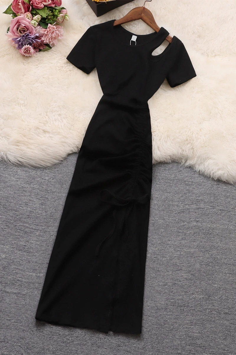 

Women's Waist Slimming Round Neck Asymmetric Dress for Women Short Sleeve Black Sexy Cotton Dress Female High Waist Long Dress