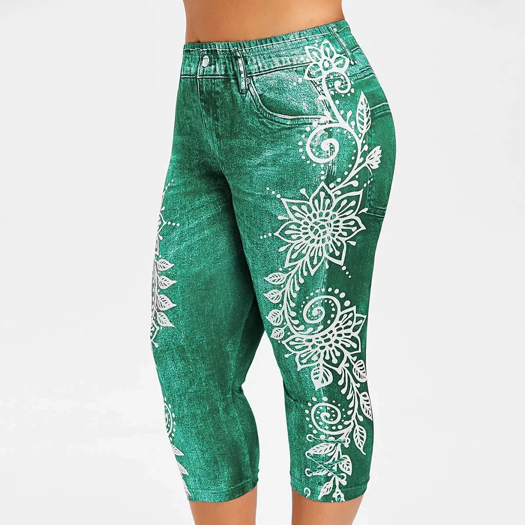 Женские леггинсы до середины икры имитирующие джинсы с принтом Yo ga Стрейчевые