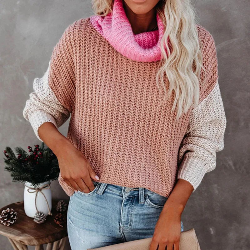 

Dropshipping Patchwork Turtleneck Women Knitted Sweater Dropshipping Arrival Pullover Slim Jumper Vintage Winter Tops