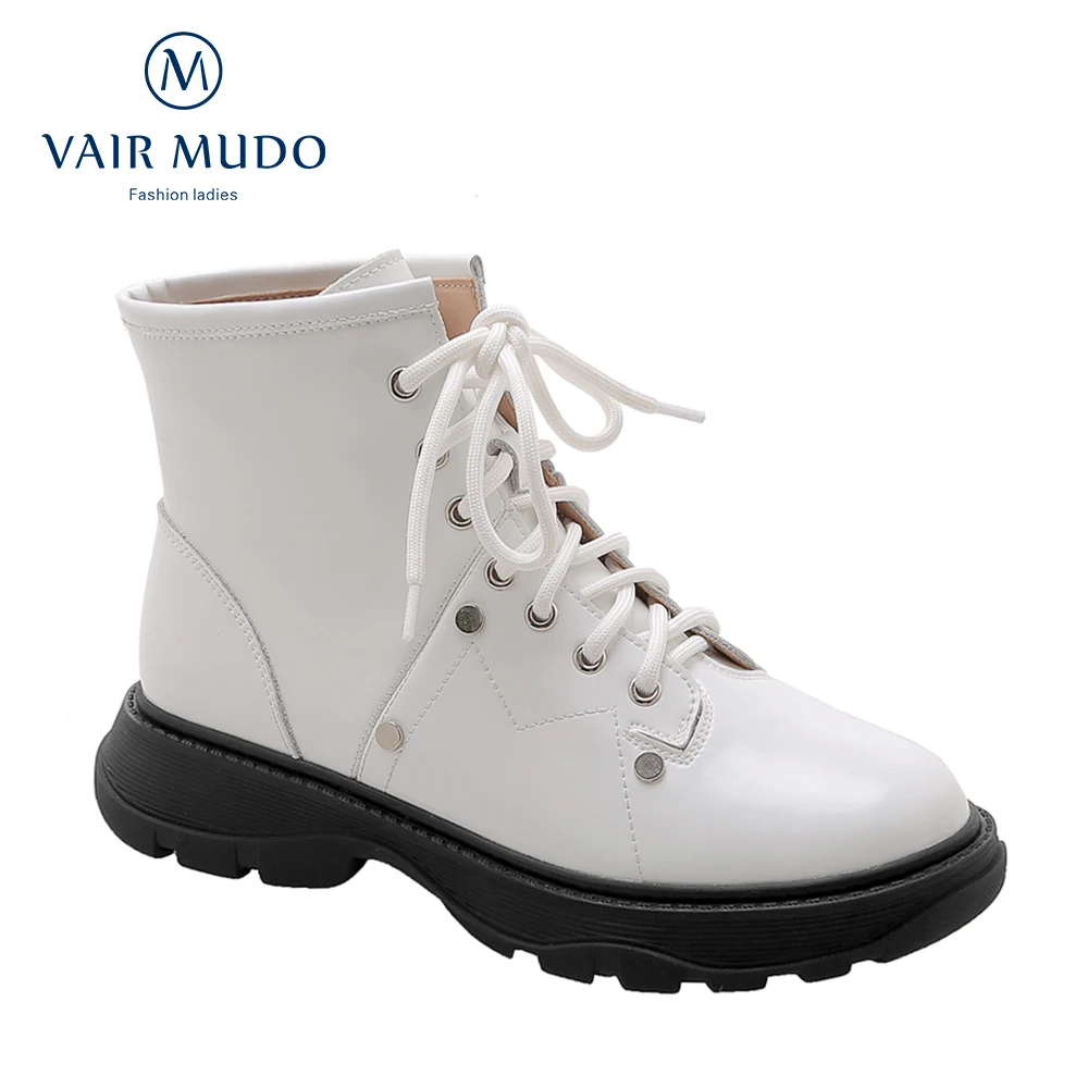 

VAIR MUDO Women Ankle Boots Spring Autumn Martin Boots Elegant Fashion Black White Lace Up Thick Bottom Round Toe Boot ladyWM-44