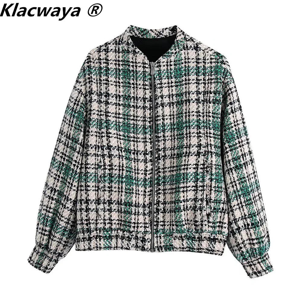 

Твидовая куртка Klacwaya, женские осенние куртки для женщин, 2021, винтажная одежда, клетчатая куртка, повседневное женское пальто на молнии с карманами