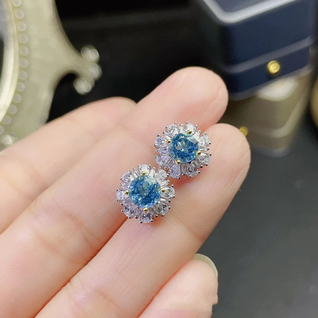 

Wong Rain 925 Sterling Silver Round Cut 6 MM Natural Blue Topaz Created Moissanite Gemstone Stud Earrings Fine Jewelry Wholesale