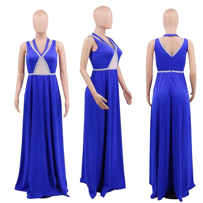 Evening Party Dress Blue Plain Floor Length Sleeveless Halter Diamonds 2020 Summer Elegant Wedding Vestidos Dresses Wholesale | Женская