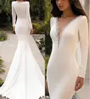 Женское кружевное свадебное платье макси, пикантное плиссированное платье до пола с V-образным вырезом и атласные длинные в стиле русалки рукавом