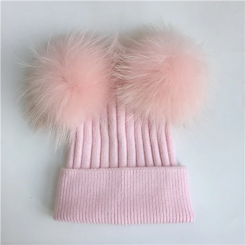 Baby pink match fur Женская зимняя модная меховая шапка с помпоном для девочек, Вязаная Шапка-бини для взрослых, вязаная шерстяная шапка с двумя помпонами - Цвет: Baby pink match fur