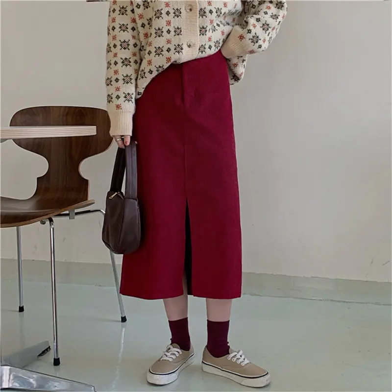 Прямая свободная Вельветовая однобортная Женская юбка с разрезом Hzirip 2020|Женские