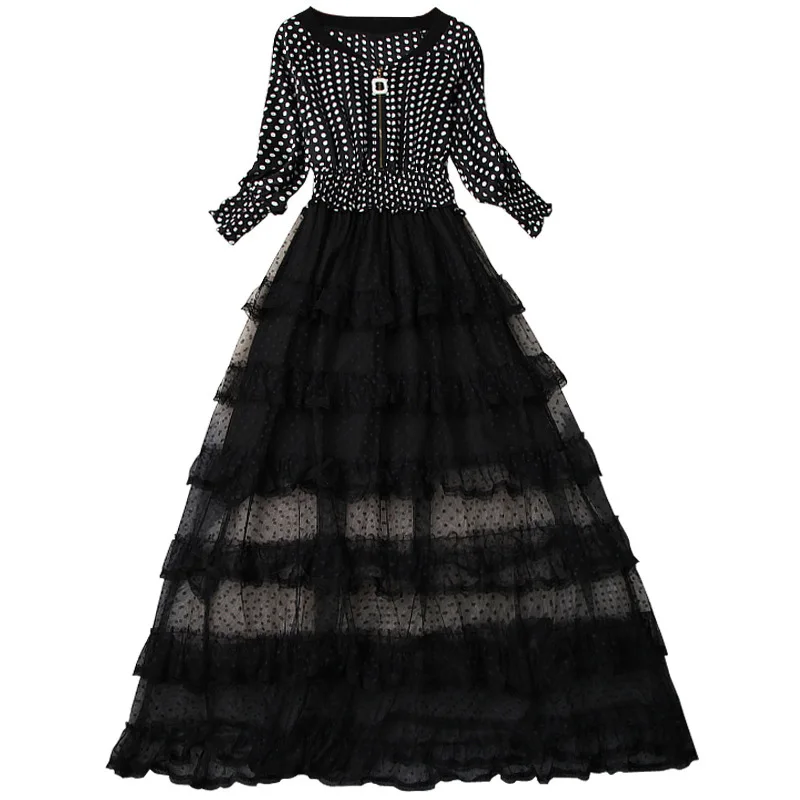 

Women fashion polka dot patchwork mesh black dress half sleeve sexy V-neck zipper front dresses new 2020 spring summer